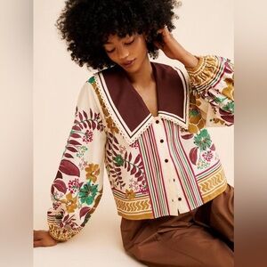 FARM Rio Cream Floral Button-Front Blouse with Brown Sailor Collar